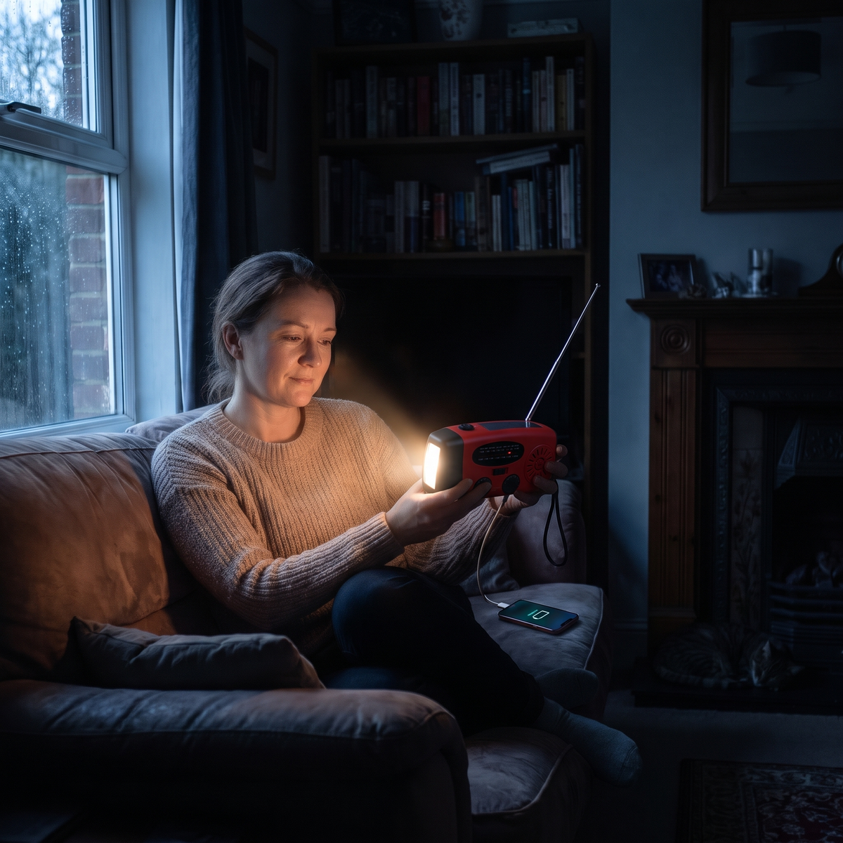 The same woman lighting the room with the Tarnwild Cairn radio torch while her phone charges