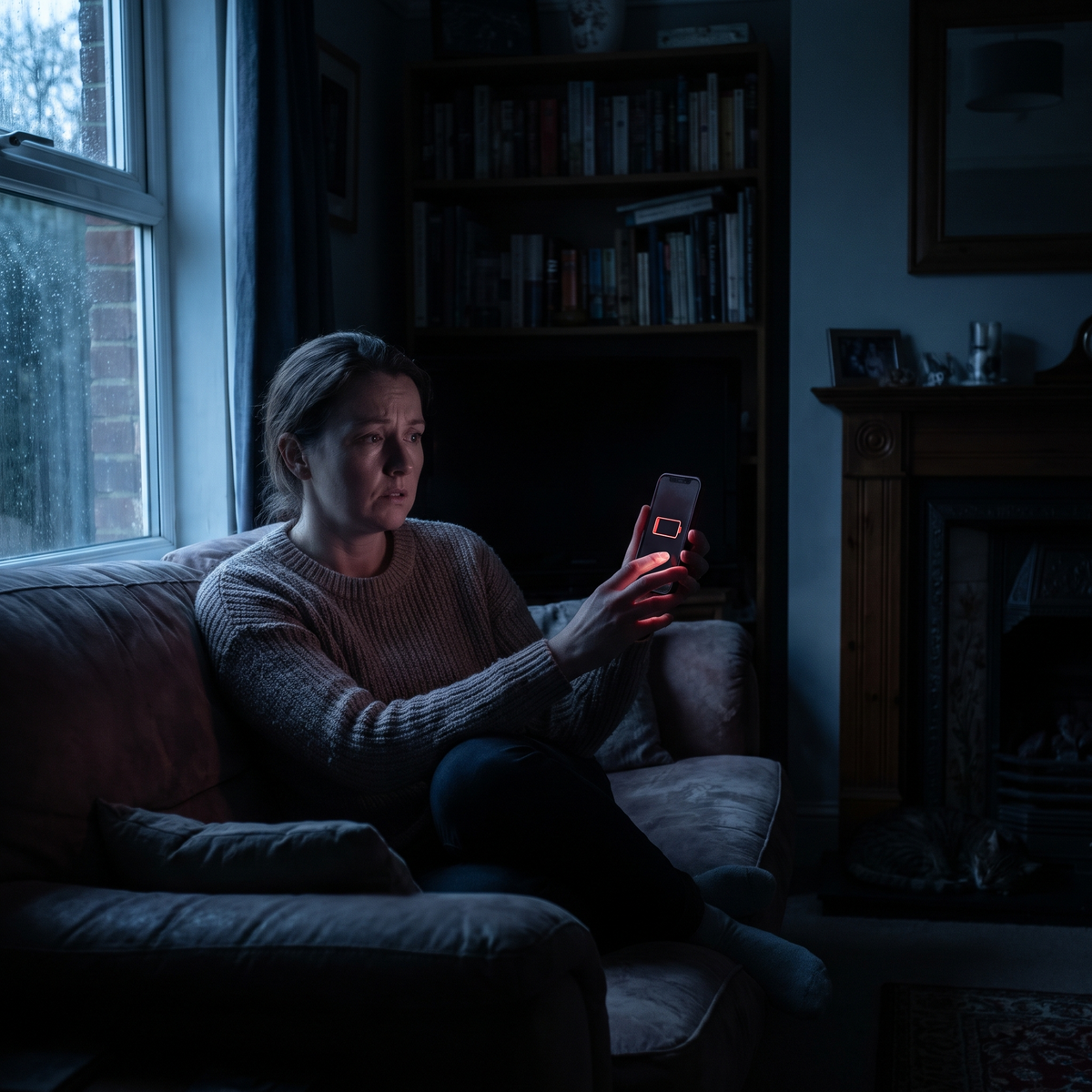 A woman in a dark living room during a power cut, holding a phone with a flat battery