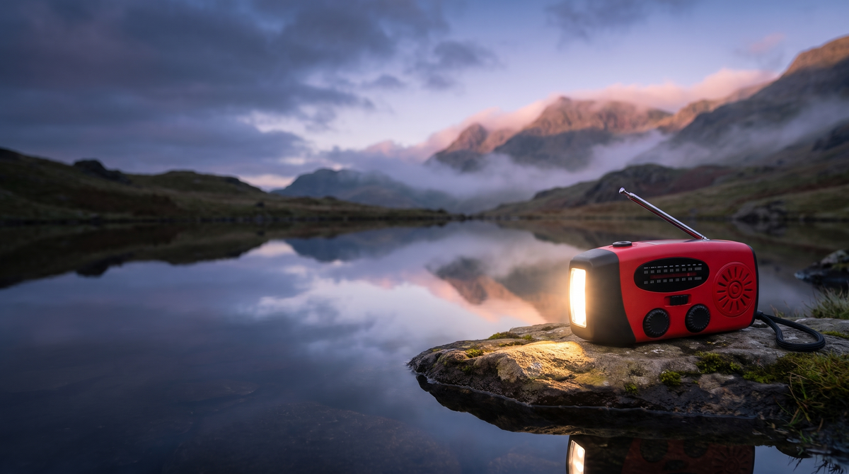 The Tarnwild Cairn emergency radio glowing on a rock beside a mountain lake at dawn