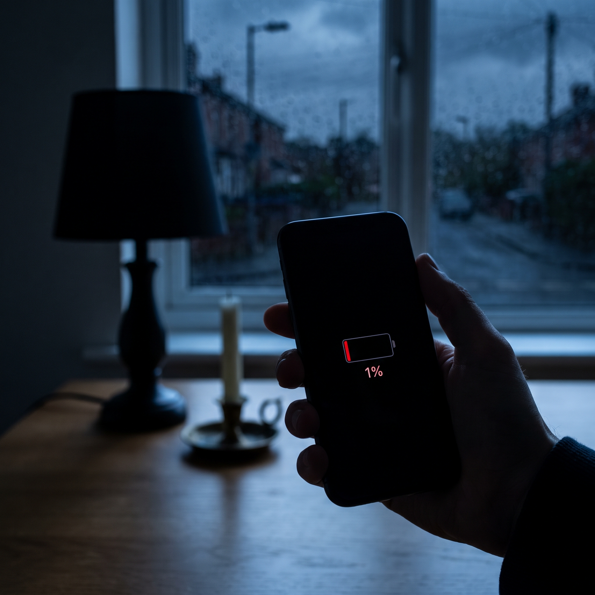 A smartphone at 1% battery during a power cut