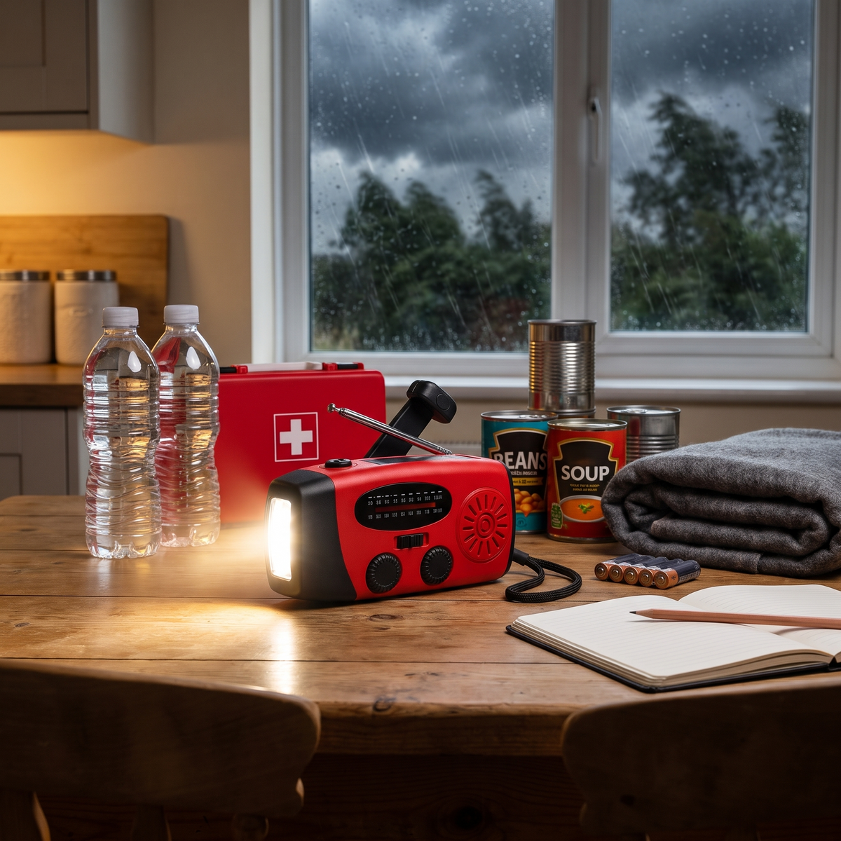 Home emergency kit with the Tarnwild Cairn radio during a storm