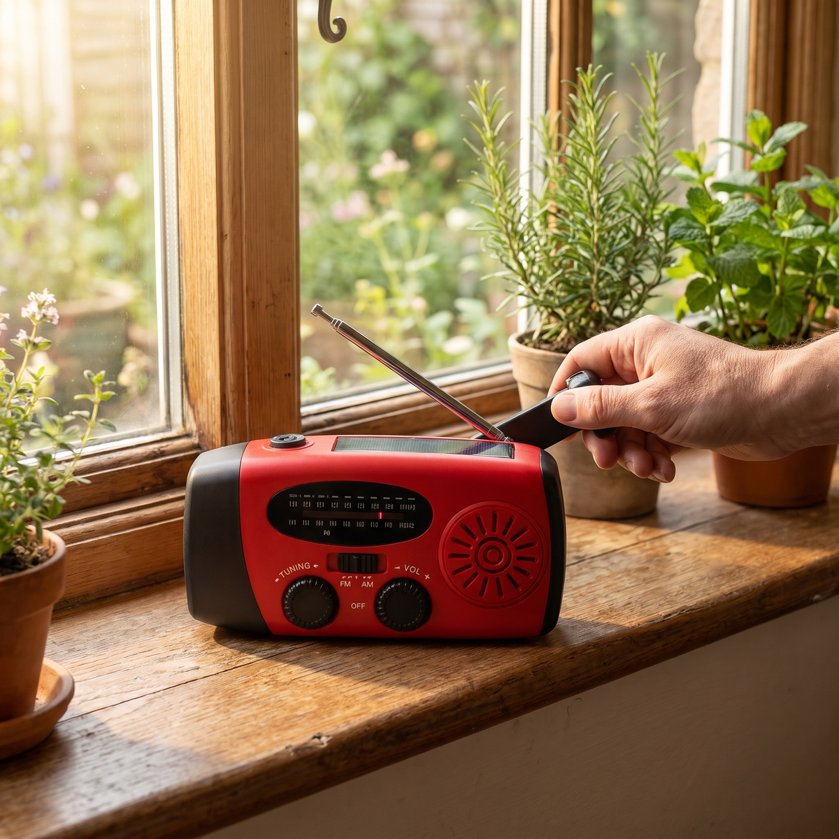 Turning the hand crank of the Tarnwild Cairn radio on a sunny windowsill