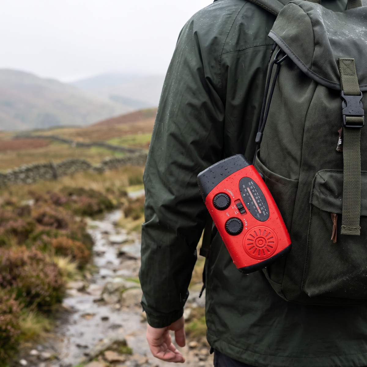 The Tarnwild Cairn radio clipped to a hiker's rucksack