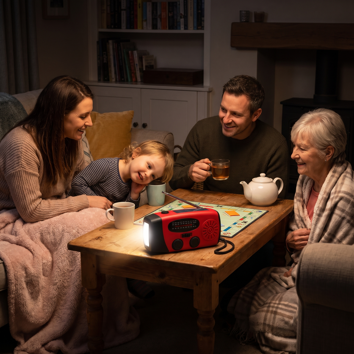 A family gathered around the Tarnwild Cairn radio light during a power cut